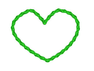 An intricate, hand-drawn heart outline/decorative frame with a textured, braided or twisted rope appearance. The heart is green creates woven feel
