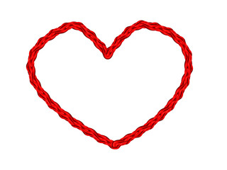 An intricate, hand-drawn heart outline/decorative frame with a textured, braided or twisted rope appearance. The heart is red creates woven feel