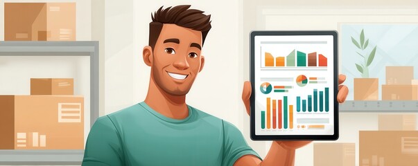 Friendly man in teal shirt presents tablet with colorful charts in a warehouse setting