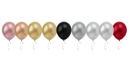 A festive and elegant collection of assorted balloons in metallic shades of pink, gold, silver, and classic black and red