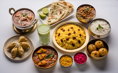 Assortment of Indian Cuisine Dishes and Drinks with Spices Indian food meal