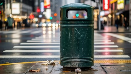 Urban street scene with green trash can and blurred city lights in the background