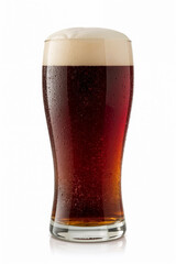 Dark Beer in Glass on White Background with Foam and Condensation, Isolated