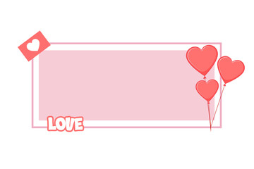 A pink rectangular frame with hearts and the word love isolated on a white background.