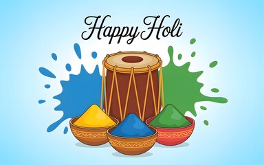 Happy Holi Festival Drum Bowls Of Colored Powder Blue Sky festival of colors dhol