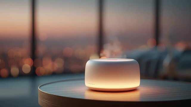 Modern Home Aroma Diffuser on Table with Warm Ambient Light and City Bokeh
