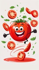 Fototapeta premium Excited spinning juicy tomato slices vegetables in cartoon illustration on plain white background