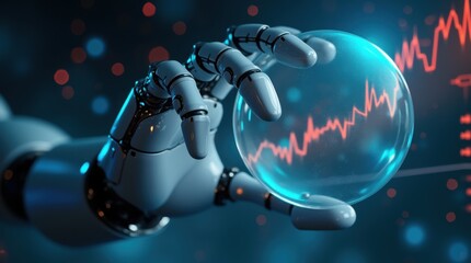 Fototapeta premium A robot hand touching or poking a bubble, symbolizing concerns about the AI technology crisis, a stock market downturn, and a bursting bubble crisis. 