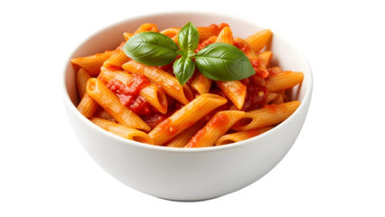 Delicious penne pasta in white bowl isolated on transparent background