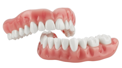 Two sets of realistic dentures with pink gums and white teeth on black background dental false teeth