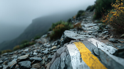 Rocky mountain trail in fog with yellow and white route marking, symbol of journey, direction and exploration
