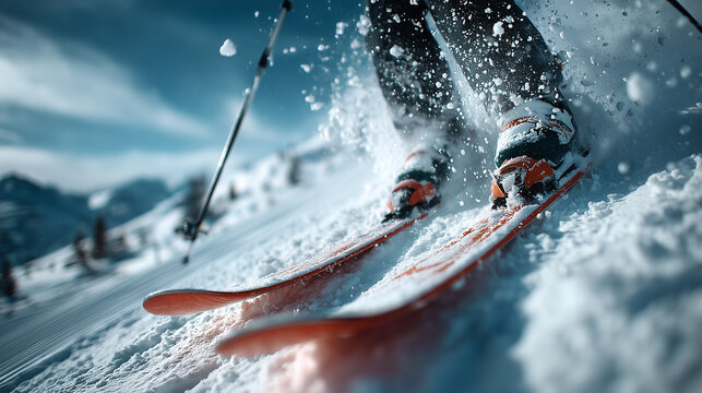 Dynamic close up of skier descending slope, skis cutting snow, flying powder, dramatic winter mountain landscape
