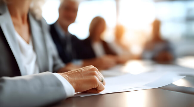 Close-up of a person's hand on a document in a business meeting, with blurred colleagues in the background, conveying professionalism.