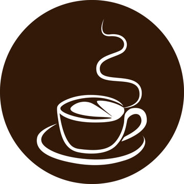 A cup of hot coffee sits on a brown background. A cup of coffee with coffee art.coffee cup icon vector
