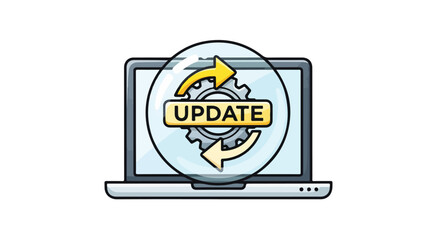 Flat illustration of a laptop with a software update icon on the screen against a clean white background.