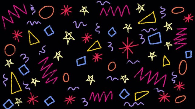 Transparent memphis scribble pattern alpha channel. Retro 90s aesthetic doodle overlay, 4K stars and zigzags motion graphic for professional editing.