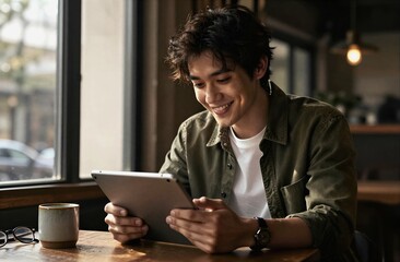 Young man smiling using digital tablet in cafe