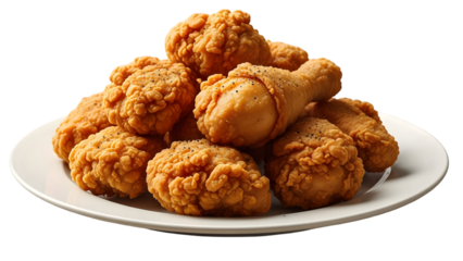 Crispy fried chicken pieces piled high on a white plate isolated on transparent background