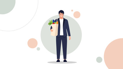 Young man holding a reusable shopping bag filled with fresh produce standing against a minimal