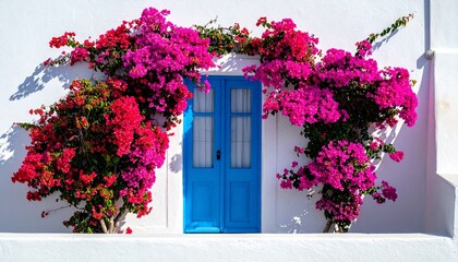Vibrant pink bougainvillea flowers adorn a whitewashed building with a blue door in a picturesque Greek village scene.