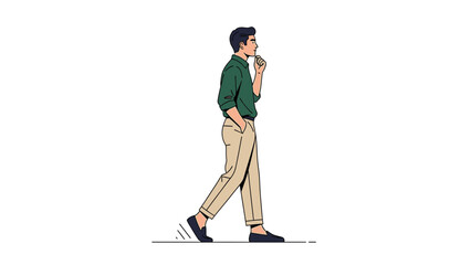 Contemplative young man walking with a thoughtful expression in casual attire