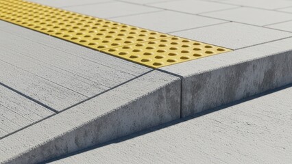 Tactile paving on concrete sidewalk with curb ramp for accessibility in urban settings