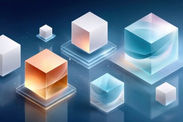 Isometric illustration of glowing cubes on a blue gradient background for technology and innovation