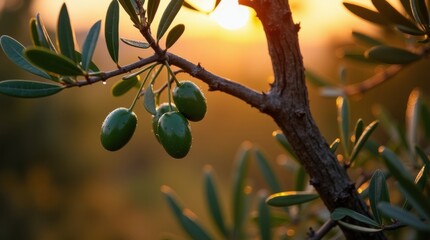 Ripe olives glisten in morning dew, nestled among gnarled branches and rustling leaves, as the sun rises over a serene Mediterranean olive grove landscape. 