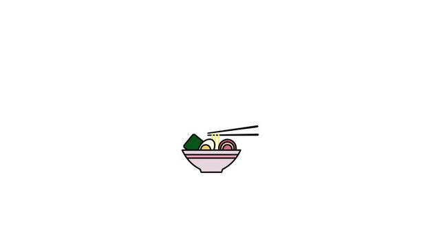 animated ramen noodle food icon with bowl topped with egg, dried seaweed and typical fish cake