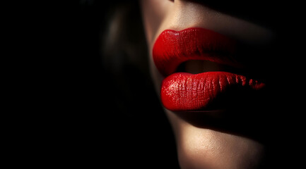 Captivating close-up of beautiful lips adorned with vibrant red lipstick, creating a bold and alluring visual statement against darkness.