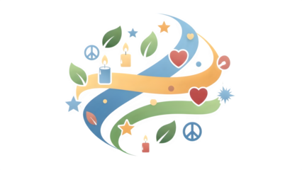 Vibrant peace symbol illustration with hearts, candles, and leaves on black