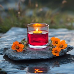 A glass vase with a red liquid and a lit candle on a stone surface with orange flowers.  high resolution   for isolate image