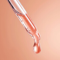 Close-up of a dropper releasing a glossy liquid, showcasing its smooth texture against a soft background, ideal for beauty and skincare themes.