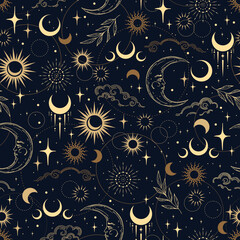 Magic vector seamless pattern with moon, plants. Mystical esoteric background for design of fabric, packaging, astrology, phone case, wrapping paper.