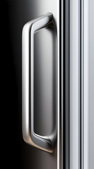 Close-up of a sleek stainless steel refrigerator handle, showcasing modern kitchen design and functionality in a minimalist setting.