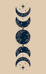 Mystical drawing of the moon phases, tarot cards, boho illustration, magic card. Vector hand drawing
