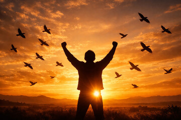 Fototapeta premium Silhouette of Person with Arms Raised in Victory at Golden Sunset with Flying Birds
