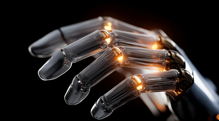 Close-up of a futuristic robotic hand with illuminated joints, showcasing advanced technology and design.