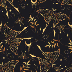 Seamless boho gold butterflies vector pattern. Herbs, stars. Bohemian fabric design. Contemporary composition.