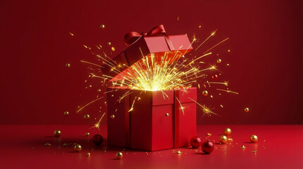 A red gift box with its lid slightly open and golden sparkles bursting out on a red background