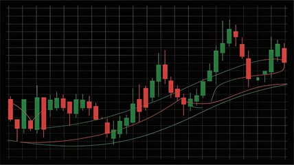 Stock market chart with green and red candlesticks on black background