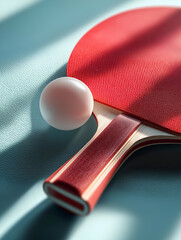 Close-up of a red ping pong paddle and ball, highlighting the texture and design ideal for table tennis enthusiasts.