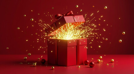 A red gift box with its lid slightly open and golden sparkles bursting out against a red background