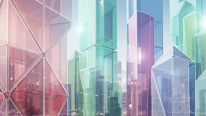 Futuristic cityscape with geometric skyscrapers in pastel colors and reflective glass surfaces under a bright blue sky with architecture and urban