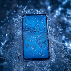 A smartphone with a blue screen and black frame, submerged in water with water droplets on it.  high resolution   for isolate image