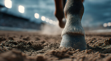 Close-up of a horse's hoof hitting the sandy ground during a race, capturing the energy and motion of equestrian sports.