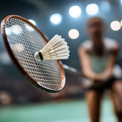 An action shot of a badminton player striking the shuttlecock, capturing the intensity and excitement of the game.