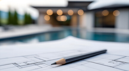 Architectural blueprint with a pencil in focus, showcasing detailed planning next to a serene poolside setting.