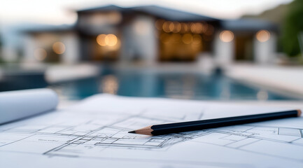 Architectural blueprint with pencil in foreground, showcasing modern home design near a tranquil pool in the background.