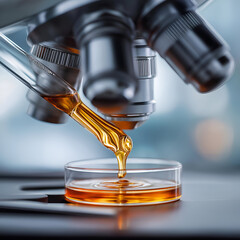 Close-up of a microscope with a droplet of liquid being analyzed, showcasing the intricacies of scientific research.
